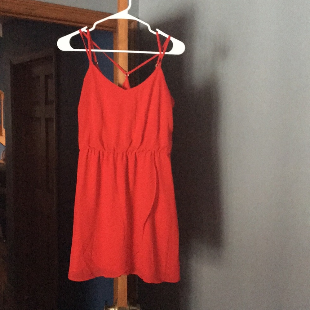 Red spaghetti strap dress, mid thigh, size S